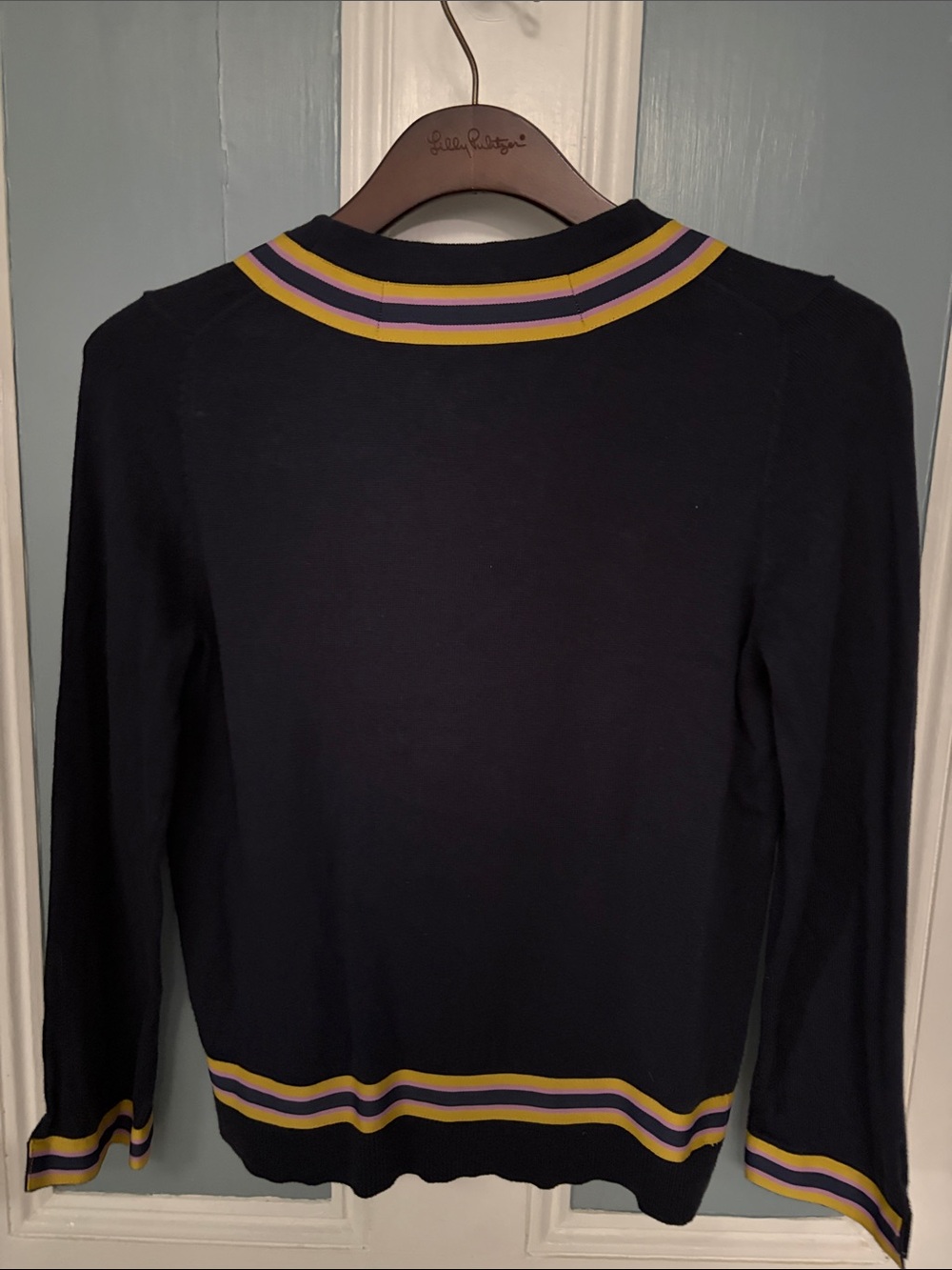 Boden Abigail Grossgrain Ribbon Trim Button Down Cardigan in Navy - Picture 5 of 7